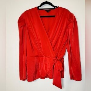 Adiva Women’s Plus Size 1X Red Faux Wrap Tie Waist Puff Sleeve V-Neck Sateen